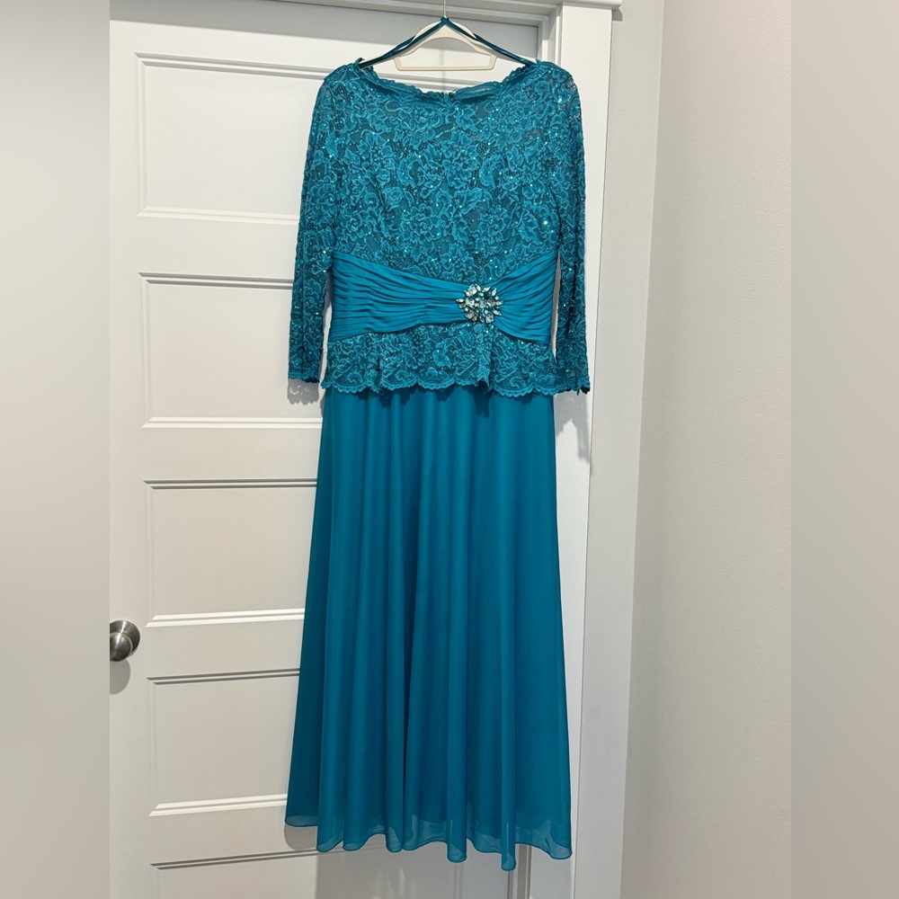 Marina Scalloped neckline Sequin Lace Bodice Pleated Broach A-Line Chiffon Dress